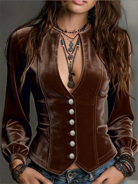 MODA ME COUTURE Tops - Brown Casual Women's Velvet Fitted V-Neck Long Sleeve Single-Breasted Button Top